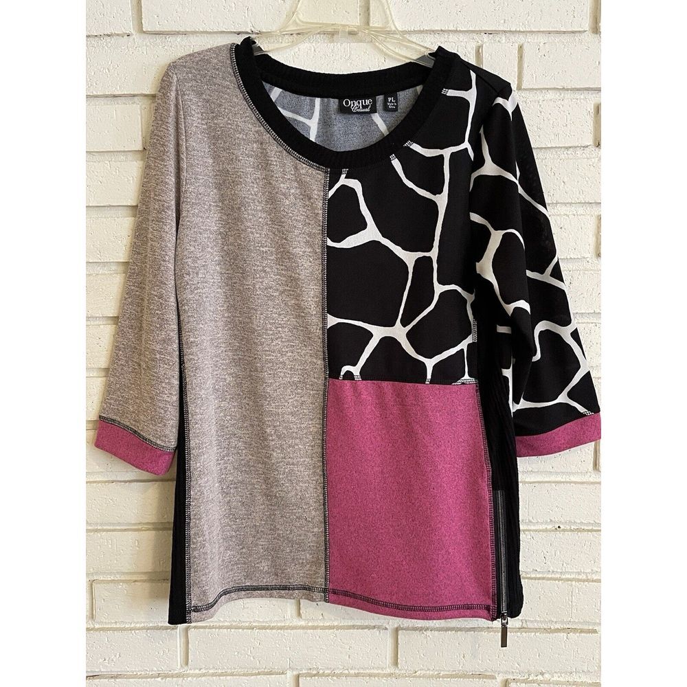 Onque Casuals Top Womens Large Block Geometric Design Hem Zip Sz. Petite Large